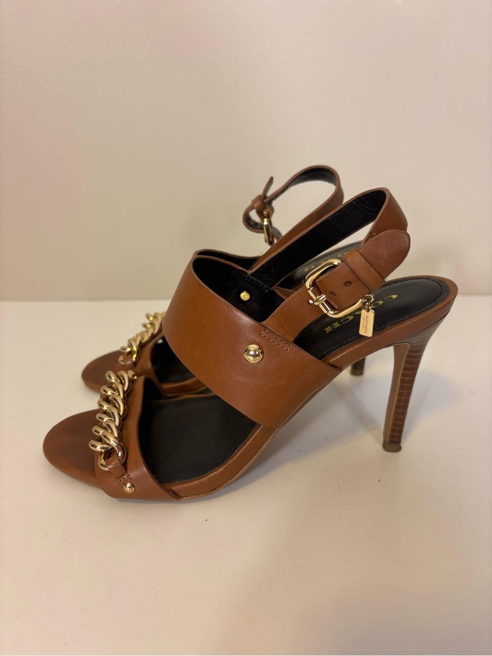 Coach Brown Leather High Heel Sandals with Gold Chain Detail 7